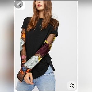 Free People Floral Embroidered Black Top Sz S